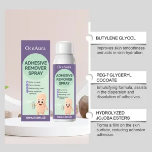 OceAura lijmverwijderaar spray detail met huidvriendelijke ingrediënten en voordelen.
