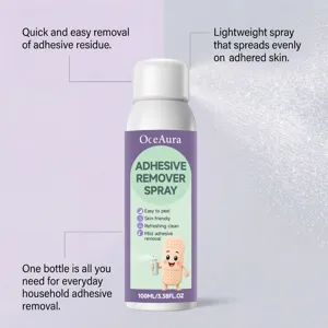 Detail van OceAura lijmverwijderaar spray voor het zachtjes reinigen van huidresten