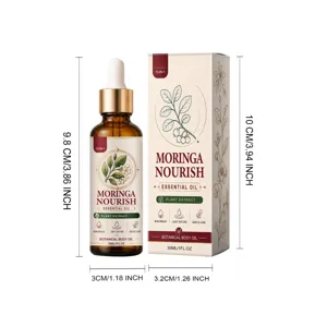 Aceite esencial Moringa Nourish 30ml con dimensiones del frasco y caja de embalaje