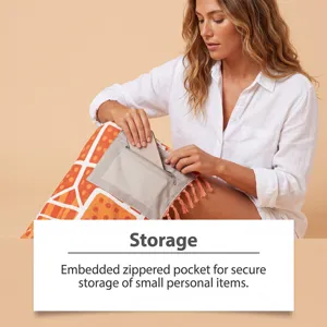 Detailed macro view showing the embedded zippered pocket on a portable beach towel bag