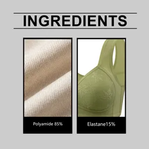 Close-up detail of vest bra fabric showing 85% Polyamide and 15% Elastane composition.