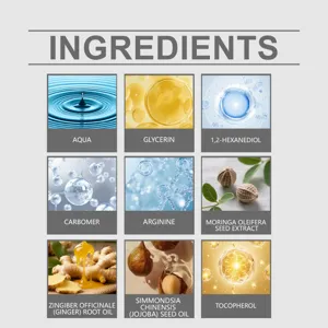 Detalle de ingredientes naturales como aceite de Moringa y aceite de Jojoba para la piel.