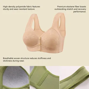 Macro detail of breathable polyamide fabric on a front-button vest-style sports bra