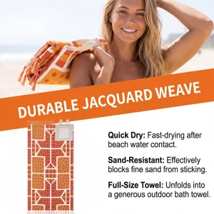 Detail of orange geometric jacquard beach towel bag highlighting quick-dry and sand-resistance