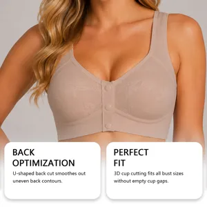 Detailed close-up of a nude front-button vest style bra with 3D cup cutting features