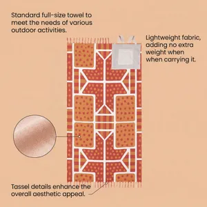 Detail view of convertible beach towel bag showing fabric texture and tassel trim.