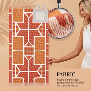 Detailed view of orange geometric convertible beach towel bag with jacquard weave texture.