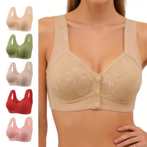 Macro detail of front closure vest style bra with floral lace and fixed cups in beige