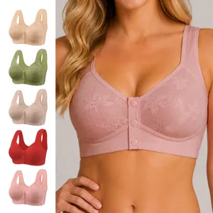 Detail of front-button vest style bra with floral lace and multiple color options