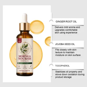 Vista detallada de ingredientes del aceite esencial Moringa Nourish con frasco cuentagotas