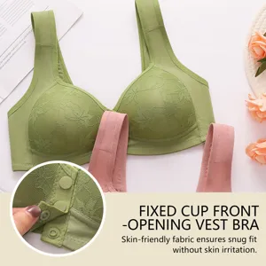 Detailed macro view of the easy front-opening buttons on a breathable green vest bra