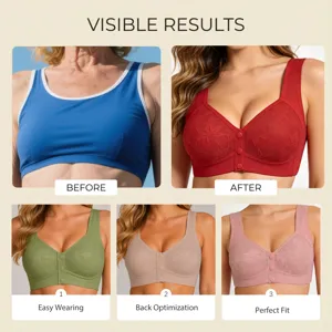 Before and after comparison of front closure lace vest bra showing perfect fit and comfort