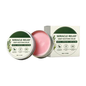 Balsamo corporal calmante en tarro metalico con crema rosa, vista principal del producto.