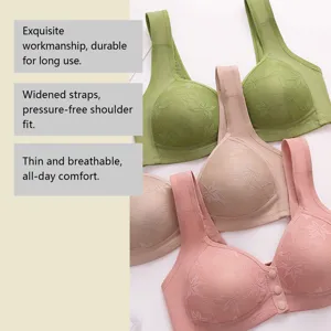 Detailed view of Zeriluna breathable front-closure vest bras in green, beige, and pink.