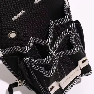 Durable canvas tool waist bag detail, heavy duty electrician storage pouch with clip.