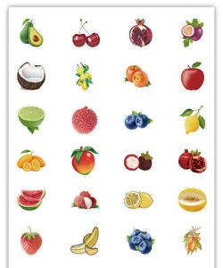 Gedetailleerd overzicht van 24 verschillende cartoon fruitstickers inclusief avocado