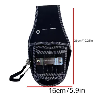 Detailed view of black canvas tool pouch with white stitching, sturdy metal tape holder.