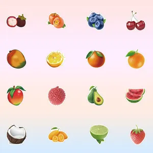 Gedetailleerde collectie kleurrijke fruitstickers voor creatieve decoratie