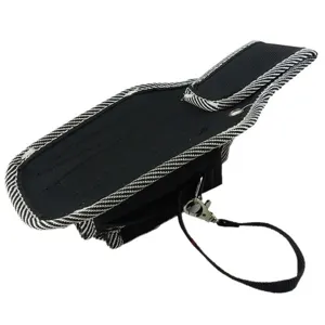 Black canvas tool waist pouch with striped trim and clip, durable portable utility bag for work.