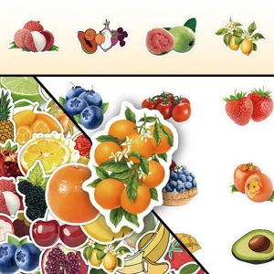 Gedetailleerde collage van 60 kleurrijke fruitstickers voor kinderen en doe-het-zelf