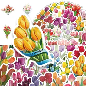 Bulk pack of 60 colorful tulip flower graffiti stickers for DIY crafts and stationery