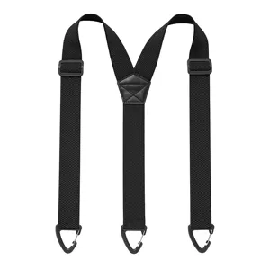 Vista dettagliata di bretelle elastiche nere resistenti con design a X e clip robuste.