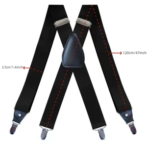 Men's X-shape black elastic trouser suspenders, 3.5cm wide and 120cm long with metal clips.