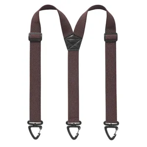 Vista dettagliata di bretelle elastiche marroni con clip in metallo e cinturino regolabile.