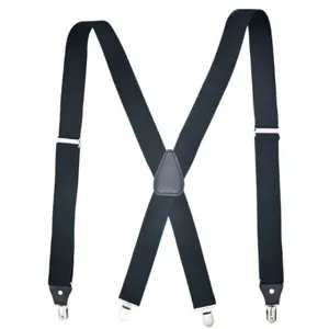 Detail view of black X-back elastic suspenders with metal clips for men's trousers.