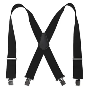 Vista dettagliata delle bretelle elastiche nere a X da 5 cm con clip in metallo.