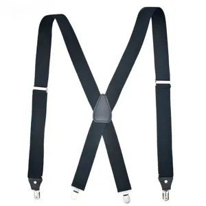 Men's black elastic trouser suspenders, X-shape strap close-up showing durable metal clips.