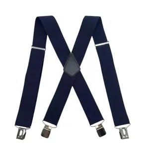 Vista dettagliata delle bretelle elastiche blu scuro da uomo con design a X e clip.