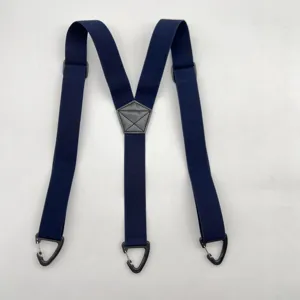 Bretelles élastiques bleu foncé pour hommes avec empiècement en cuir et clips robustes.