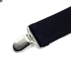 Detailed close-up view of the 3.5cm wide black elastic suspender strap with silver metal duckbill clip.