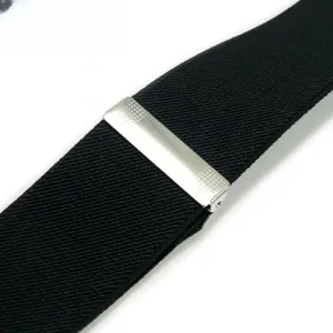 Detailed view of black elastic suspender strap with silver metal adjuster clip closeup.