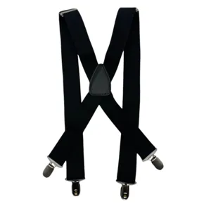 Detailed view of durable black elastic mens suspenders with secure metal clips and back patch.