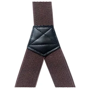 Gros plan détaillé de bretelles élastiques marron avec empiècement en cuir noir et coutures.