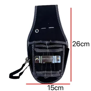 Black canvas tool pouch with metal tape holder, durable electrician belt bag for hardware.