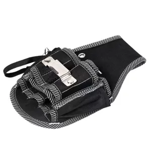 Black canvas tool waist bag with multiple pockets and metal tape holder for electricians.