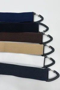 Close-up detail of adjustable wide elastic straps with quick-release triangle hooks for work suspenders.