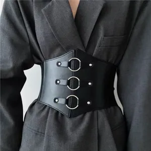 Women Wide PU Leather Corset Belt Stretch Elastic Waist Band With Metal Rings Rivet Cincher For Dress Suit