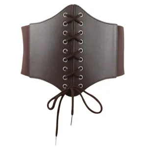 Cinta corsetto larga marrone da donna con allacciatura frontale ed elastici laterali.