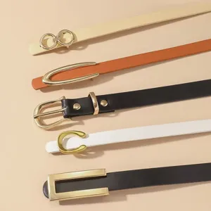 Set of stylish slim women's belts with elegant metal buckles for dresses and coats.