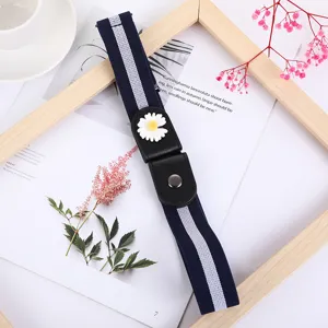 Women elastic lazy belt with white daisy buckle, adjustable invisible waistband for jeans.