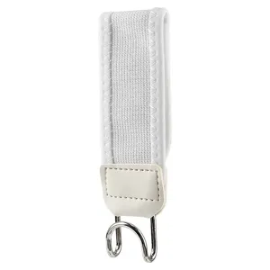 Close-up detail of white elastic strap hook, durable metal double hook and leather patch.
