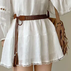 Handmade woven brown belt for women vintage ethnic dress accessory waist rope