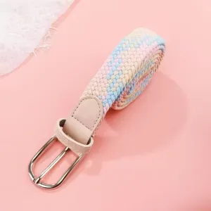Women woven elastic belt, casual stretchy fabric waist belt with metal buckle for jeans.
