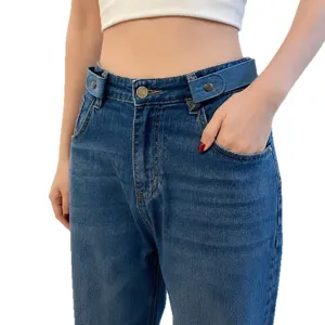 Women high waist jeans with adjustable waist buckle elastic denim pants casual blue fashion fit