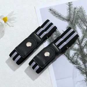 Vista dettagliata cintura elastica donna senza fibbia, accessorio regolabile per jeans nero e bianco.