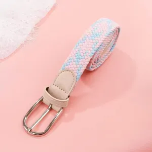 Pink blue woven elastic belt detail, casual student fabric stretch belt with metal buckle.